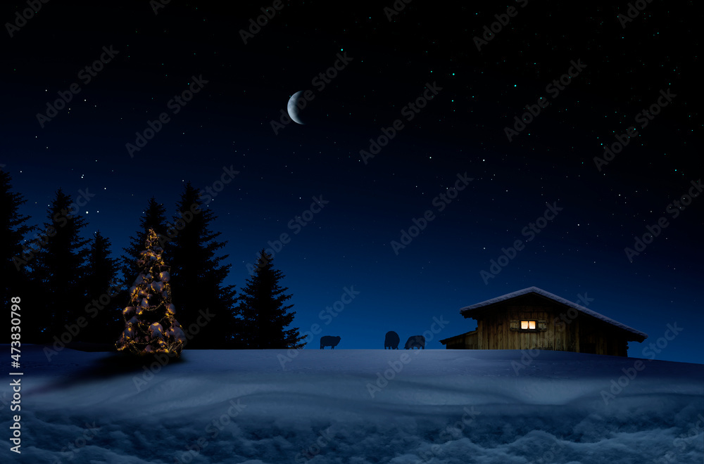 Beleuchteter Weihnachtsbaum und Holzhütte  in schneebedeckter Landschaft bei Nacht