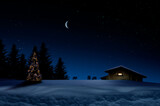 Beleuchteter Weihnachtsbaum und Holzhütte  in schneebedeckter Landschaft bei Nacht