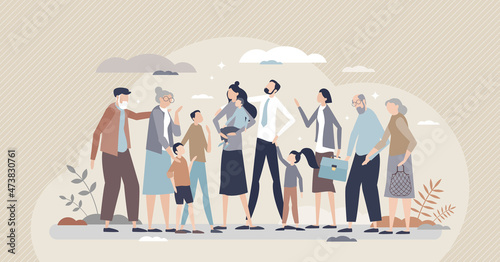 Extended and happy family portrait with all siblings together tiny person concept. Harmony and happiness with cheerful togetherness time vector illustration. Grandparents and children friendship.