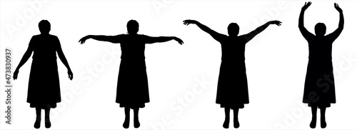 Dance lesson, ballet. Dance teacher in a skirt. A group of women stands straight and move their arms: up, down, to the sides. Front view. Black female silhouettes are isolated on a white background