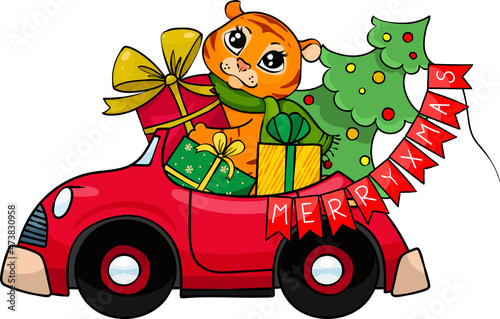 A cute little tiger drives a red car and carries a Christmas tree with gifts. New Year clipart.