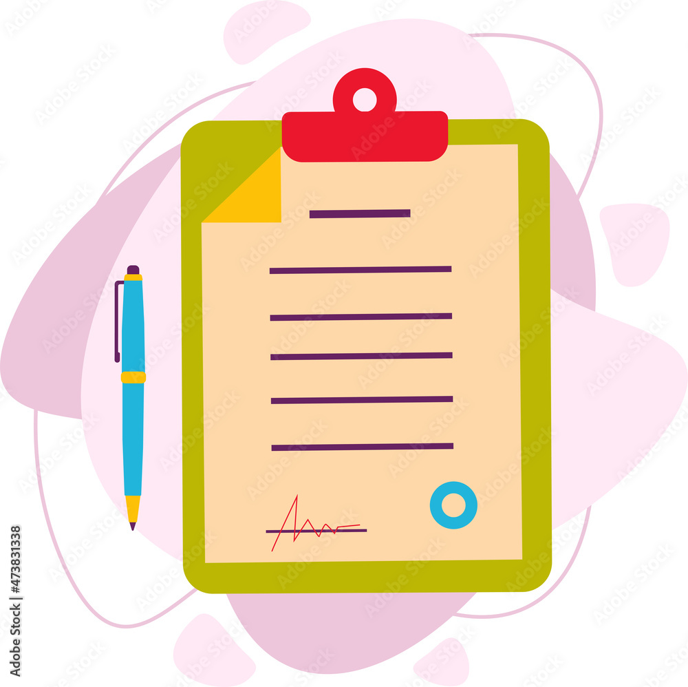 A sheet with a contract or business document and a pen for signing, concluding contracts. Flat vector illustration. A sheet with a contract or business document and a pen for signing, concluding contracts. Flat vector illustration.