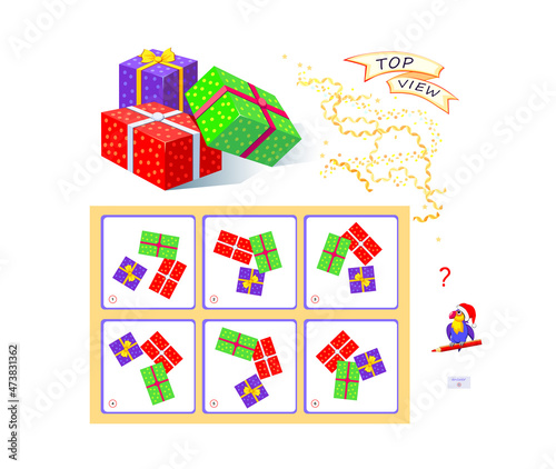 Logic puzzle game for children and adults. 3D maze. Need to find correct top view of presents. Printable page for brain teaser book. Developing spatial thinking skills. IQ test. Flat illustration.