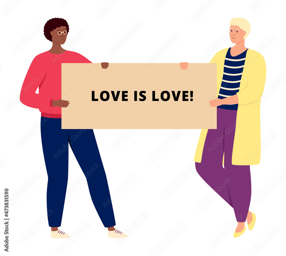 Female couple holding love is love banner. Gay parade demonstration Female couple holding love is love banner. Gay parade demonstration
