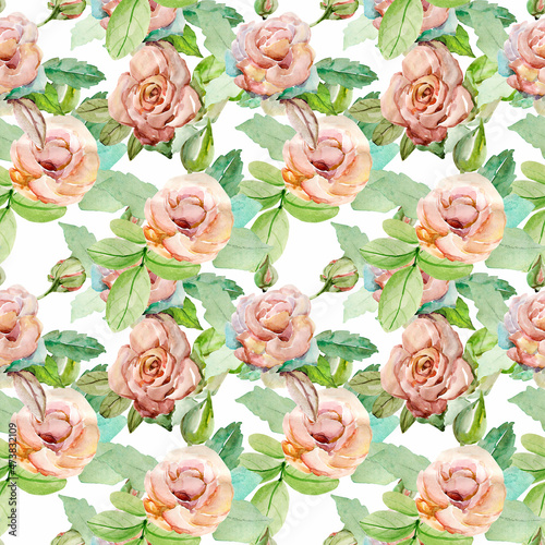 Watercolors.Displayed roses.Image on a white and colored background. Seamless pattern.