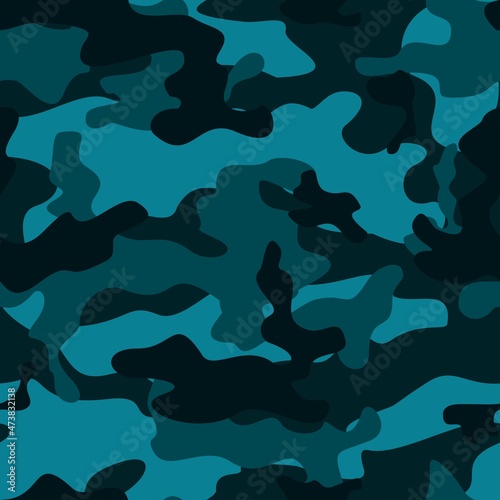  Blue dark camo background, army uniform texture, vector endless pattern. Disguise