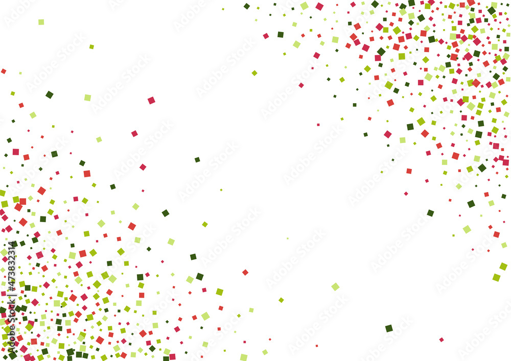 Confetti Green Element Texture. Virtual Dot Mosaic. Red Light Geometric Frame. Square Surprise Illustration.