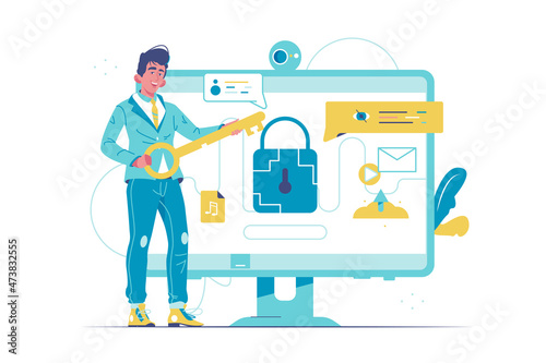 Male character hold key symbol for access