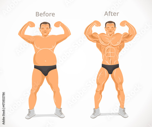 Weight loss. Man before and after fitness. Man weight loss, muscular guy after lose weight