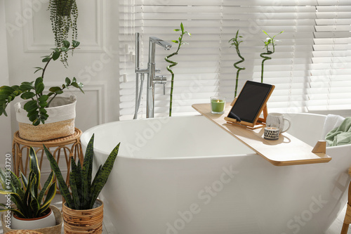 Stylish white tub and green houseplants in bathroom. Interior design