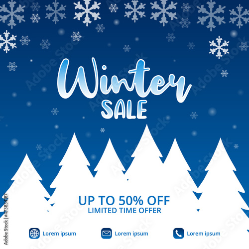 Winter sale banner with fallen snow on trees