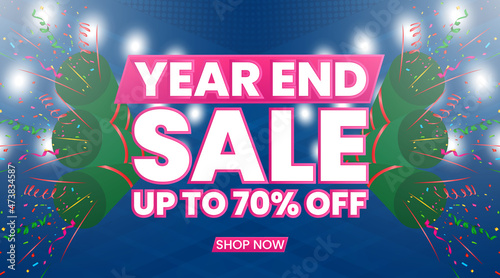 Year end sale banner with confetti and spotlights