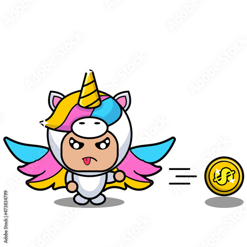 vector cartoon character cute lovely unicorn animal mascot costume tossing a coin