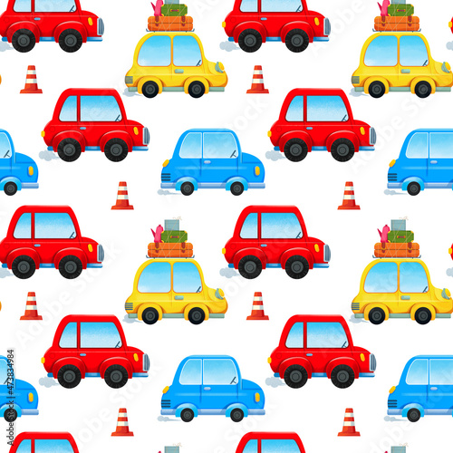 Seamless pattern with funny cartoon multicolored cars. Illustration in children s style  drawing by hands. Transport in yellow  red and blue. Children s print for print design