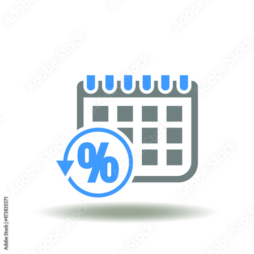 Vector illustration of calendar with round arrow and percent. Icon of tax deferral payment. Symbol of deferment pay. photo