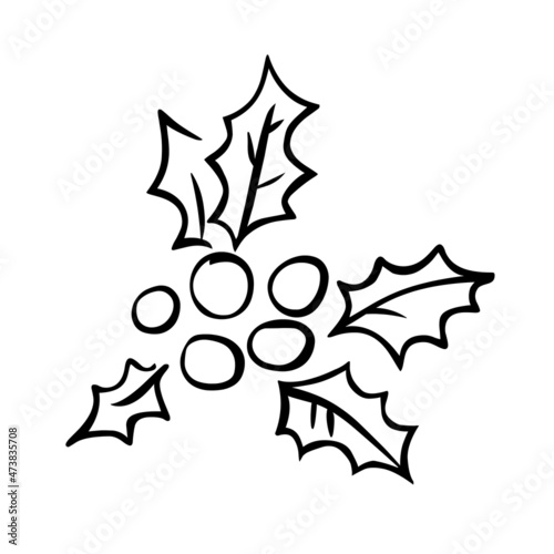 Christmas holly berries with leaves isolated on white background. Traditional Christmas decorations in doodle style. Drawn by hand as a sketch. Linear art of black color. Vector Christmas symbol.