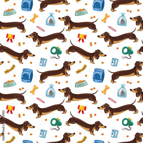 Cute cartoon dachshund dogs, leash, poop and pet grooming. Seamless pattern with a dog on a white background. Childrens funny illustrations, drawing by hand. Newborn print, print design, for clothes