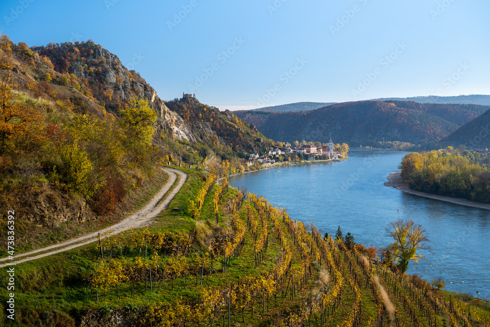 Obraz premium Beautiful autumn landscape with colorful grapevines, viewpoint over the beautiful village of Dürnstein, Wachau, Austria