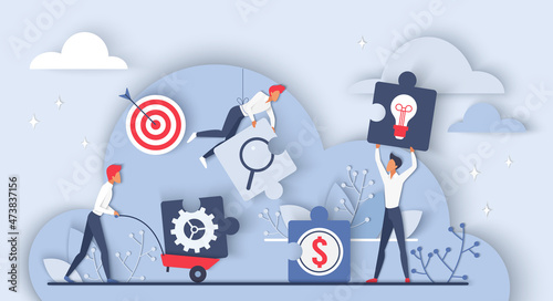 Effective cooperation and teamwork. Group of employees working with puzzle pieces, communication and dynamic collaboration process of community flat vector illustration. Project management concept
