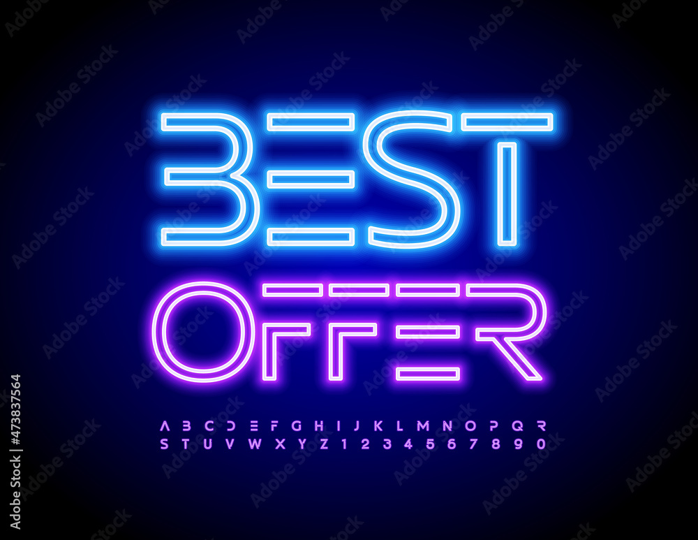 Vector promo badge Best Offer with Neon futuristic Font. Violet glowing Alphabet Letters and Numbers set Vector promo badge Best Offer with Neon futuristic Font. Violet glowing Alphabet Letters and Numbers set