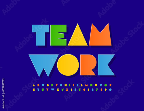 Vector creative poster Team Work. Trendy colorful Font. Abstract style set of Unique Alphabet Letters and Numbers