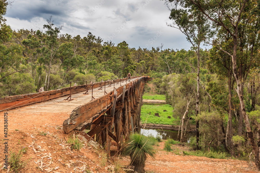 Bibbulmun Track, Long Gully Bridge, Lower Hotham, Western Australia, Australia, 12 december 2011: Historic bridge over the Murray River destroyed by Lower Hotham forest fire February 2015