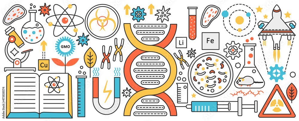Genetics and bioengineering science technology. Human dna, gene and medical nanotechnology, creative discovery in laboratory experiment and analysis infographic concept banner, thin line art design