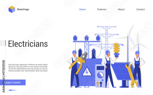 Team of electricians control power energy lines. Technician repair service with workers flat vector illustration. Electricity energy maintenance concept for banner, website design or landing web page