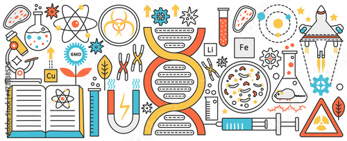 Genetics and bioengineering science technology. Human dna, gene and medical nanotechnology, creative discovery in laboratory experiment and analysis infographic concept banner, thin line art design