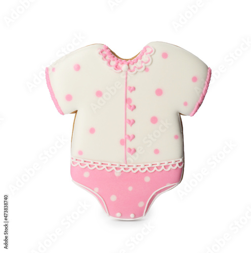 Tasty cookie in shape of baby's onesie isolated on white