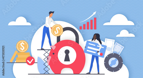 Financial deposit, savings and investment of money. Tiny people putting coins into piggy bank with lock to save and invest in family budget flat vector illustration. Finance, retirement concept