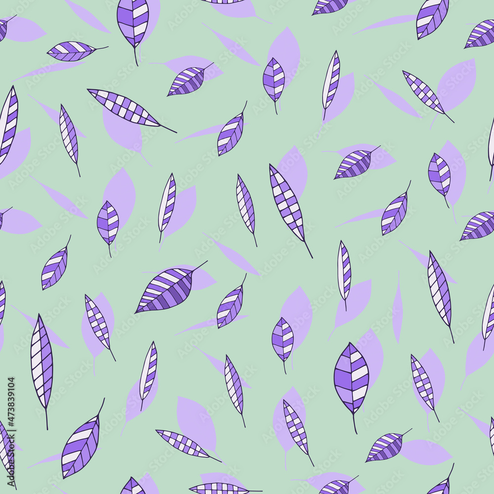 Seamless pattern with violet leaves on green background. Doodle style. Seamless pattern with violet leaves on green background. Doodle style.