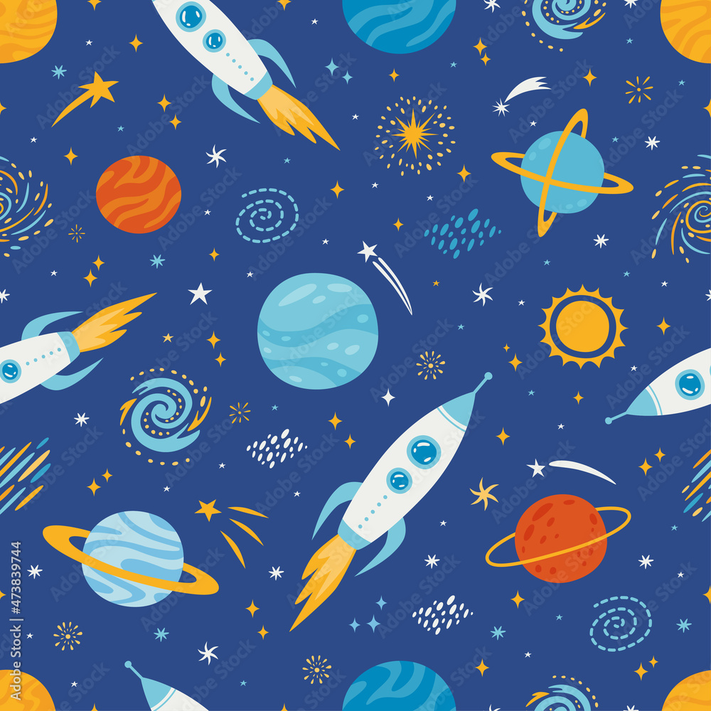 Cartoon space seamless pattern with planets, rockets, galaxy, comets and stars. Vector repeated background with cosmic elements. Cute childish design for fabric, wrapping, wallpaper, textile, apparel. Cartoon space seamless pattern with planets, rockets, galaxy, comets and stars. Vector repeated background with cosmic elements. Cute childish design for fabric, wrapping, wallpaper, textile, apparel.