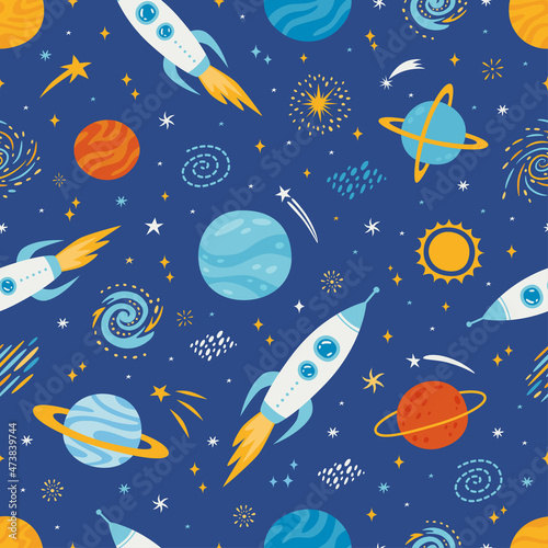 Cartoon space seamless pattern with planets, rockets, galaxy, comets and stars. Vector repeated background with cosmic elements. Cute childish design for fabric, wrapping, wallpaper, textile, apparel.