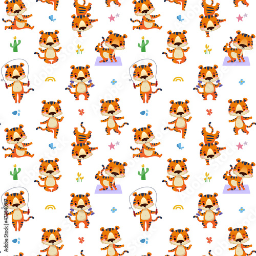 Fototapeta Naklejka Na Ścianę i Meble -  Seamless pattern with happy tigers who go in for sports. A cute animal doing yoga in different poses. Symbol 2022. Vector illustration in cartoon childish style.