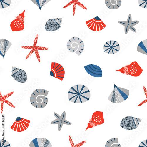 Blue Red White Sea shell Conch Starfish vector seamless pattern. Abstract cockleshells marine life background. Scandinavian decorative childish surface design for nautical nursery navy kids fabric.