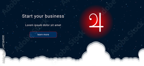 Business startup concept Landing page screen. The white jupiter astrological symbol on the right. Vector illustration on dark blue background with stars and curly clouds from below