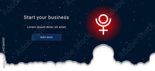 Business startup concept Landing page screen. The white astrological pluto symbol on the right. Vector illustration on dark blue background with stars and curly clouds from below