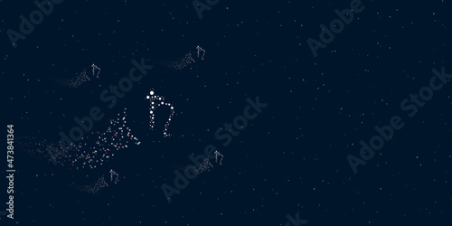 A astrological saturn symbol filled with dots flies through the stars leaving a trail behind. There are four small symbols around. Vector illustration on dark blue background with stars