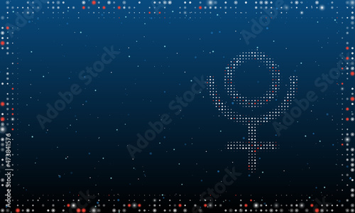 On the right is the astrological pluto symbol filled with white dots. Abstract futuristic frame of dots and circles. Vector illustration on blue background with stars