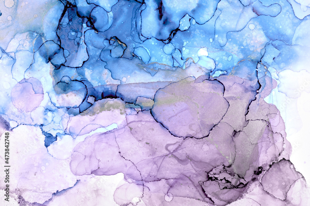 Abstract blue purple ink watercolor background, paint stains and spots in water, luxury fluid liquid art wallpaper, marble texture