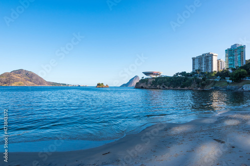 Niteroi  Rio de Janeiro  Brazil  June 2018 - view of MAC museum  a contemporary art museum  from Icarai beach at Niteroi