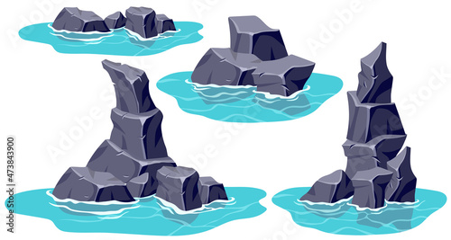 Old gray stones in marsh. Set broken cartoon rocks in water. Vector crag and sea for computer games isolated on white background.