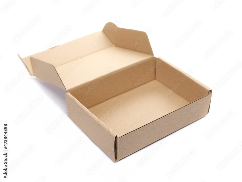 Open empty cardboard box with cover isolated on white background