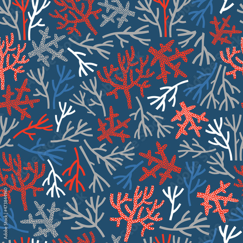 Blue Red White sea corals vector seamless pattern. Underwater world coral reef background. Scandinavian decorative childish surface design for nautical nursery and navy kids fabric.