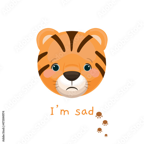 Fototapeta Naklejka Na Ścianę i Meble -  Cute little tiger icon with the text I'm sad. Animal cartoon illustration.