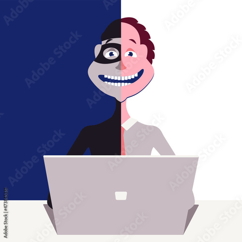 Vector graphics - a two-faced computer fraudster sits in front of a laptop and smiles. Concept - online crimes, hackers and personal data protection