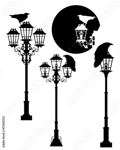 raven bird sitting on antique street light - halloween theme black and white vector silhouette design set