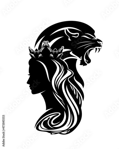 Fotografie fairy tale queen or princess wearing royal crown with roaring lion profile head
