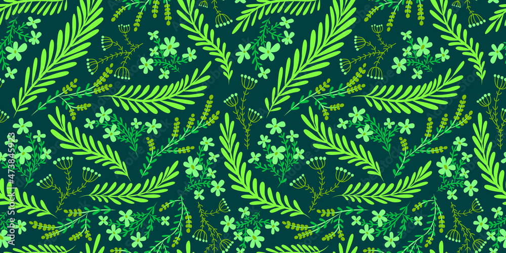 Green floral background. Seamless vector pattern with flowers and plants. Green color